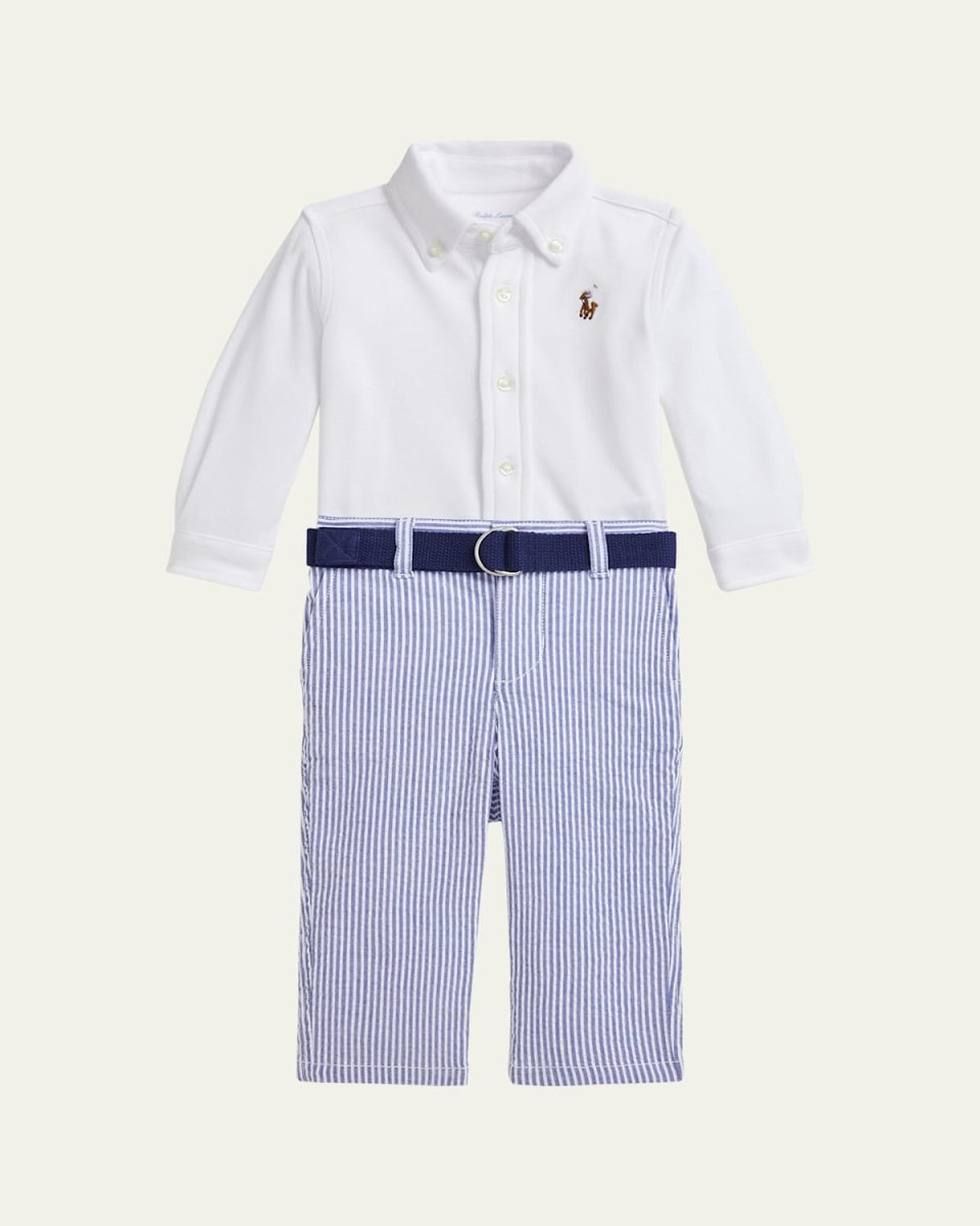 Kid's Cotton Shirt & Seersucker Belted Pants Set, Size 3M-24